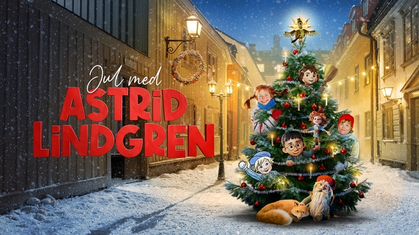 Affischbilden för programmet Jul med Astrid Lindgren bestående av en tecknad julgran med några figurer från Astrid Lindgrens historier ståendes på en snöig julig gata.