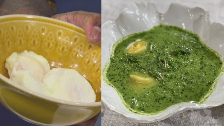 Sous vide-ägg i grön soppa